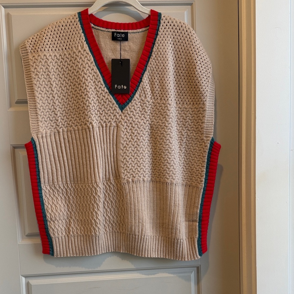 Fate Beige V-Neck Sweater Vest with Red and Blue Accents